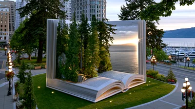 Giant Open Book Sculpture In Urban Park Setting