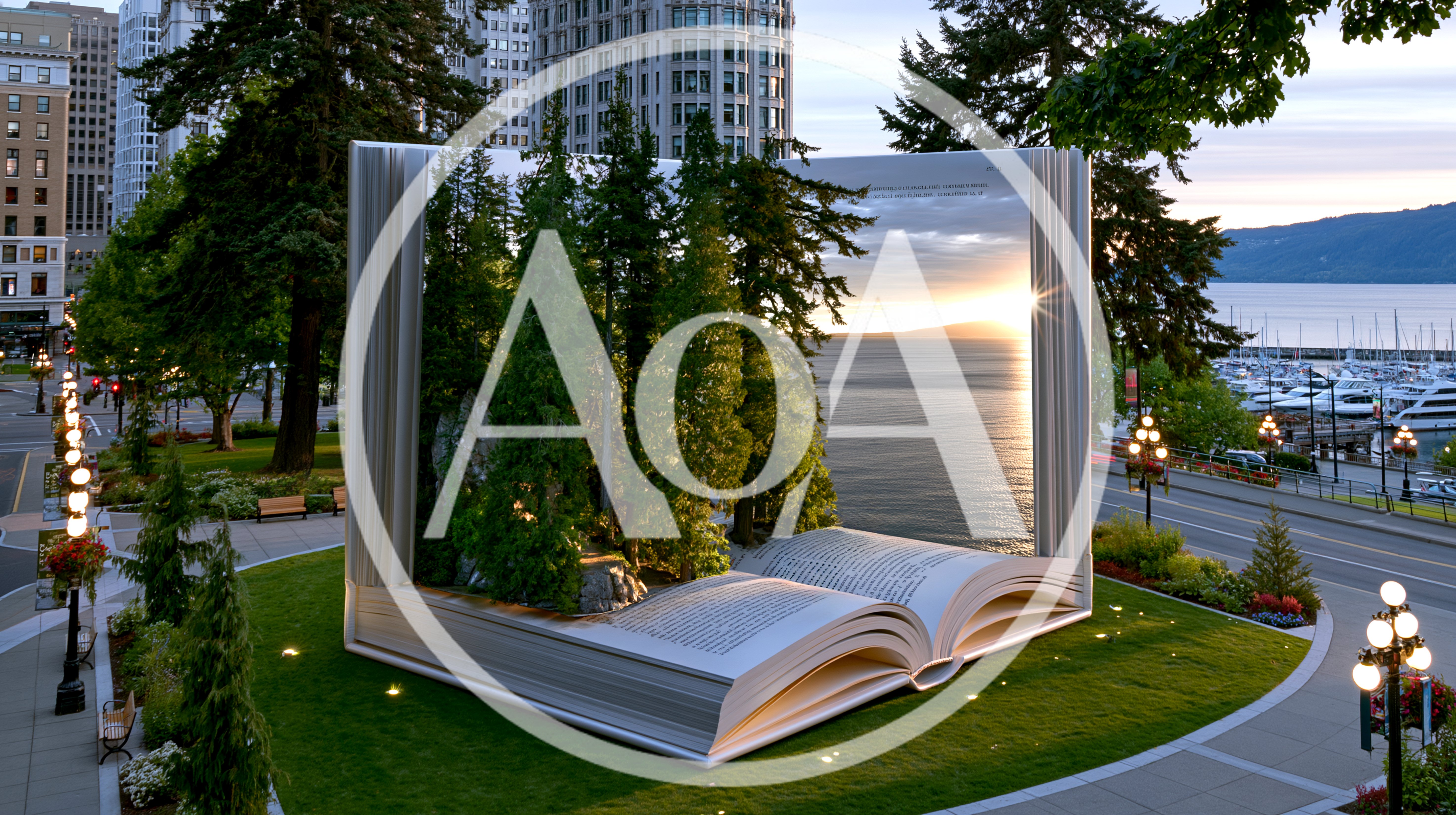 Giant Open Book Sculpture In Urban Park Setting