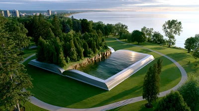 Surreal Open Book Shaped Landscape With Forest And Water