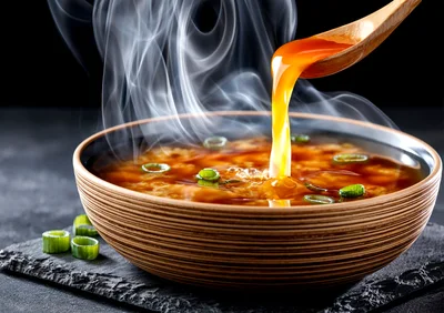 Pouring Golden Broth Into A Steaming Soup Bowl