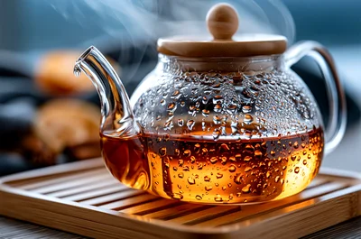 Steaming Glass Teapot On A Wooden Tray
