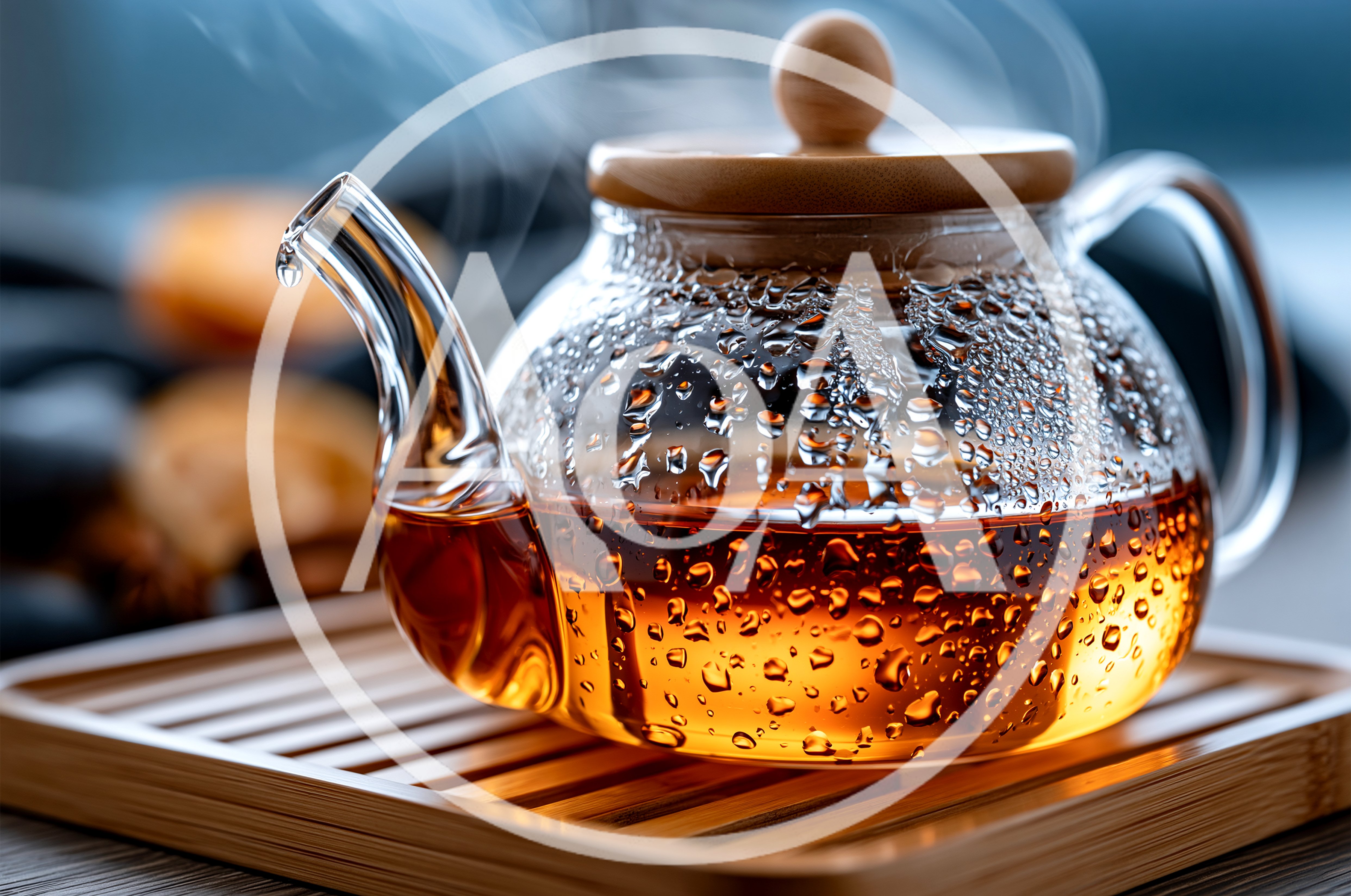 Steaming Glass Teapot On A Wooden Tray