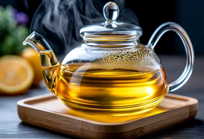 Glass Teapot With Steaming Hot Tea On Wooden Tray