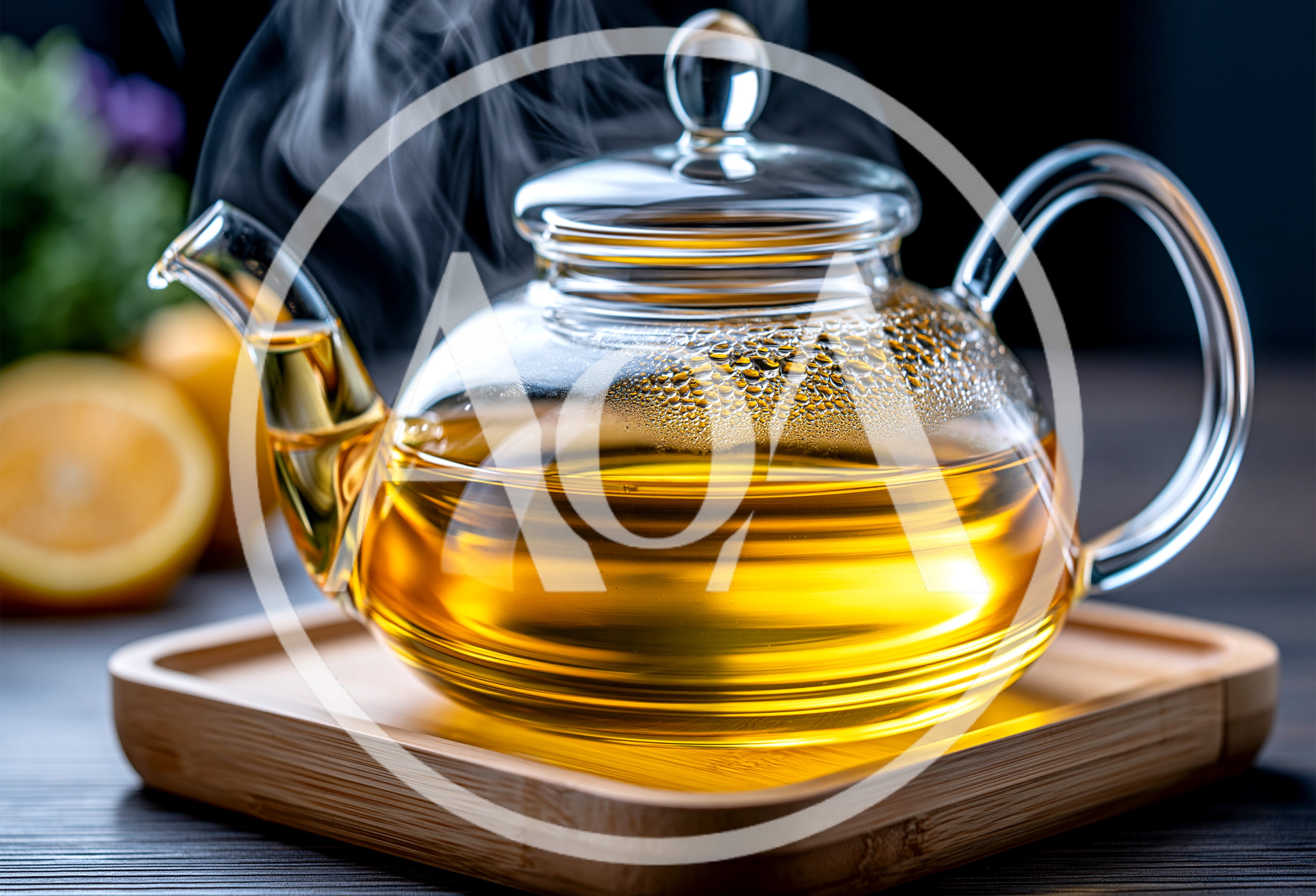 Glass Teapot With Steaming Hot Tea On Wooden Tray
