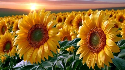 Vibrant Sunflowers Blooming In A Golden Field At Sunset