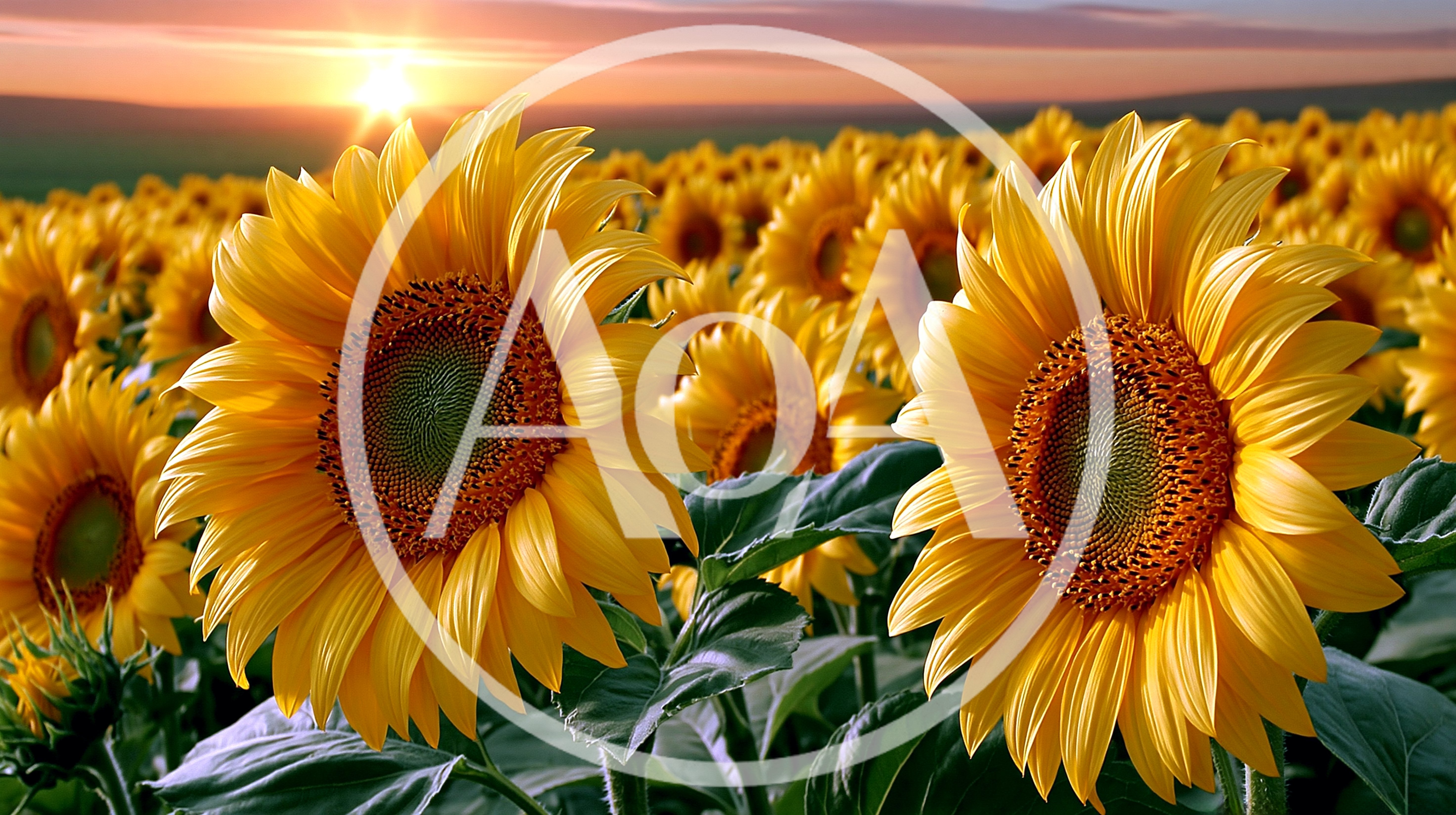 Vibrant Sunflowers Blooming In A Golden Field At Sunset