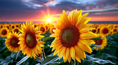 Vibrant Sunflowers Blooming In A Field At Sunset