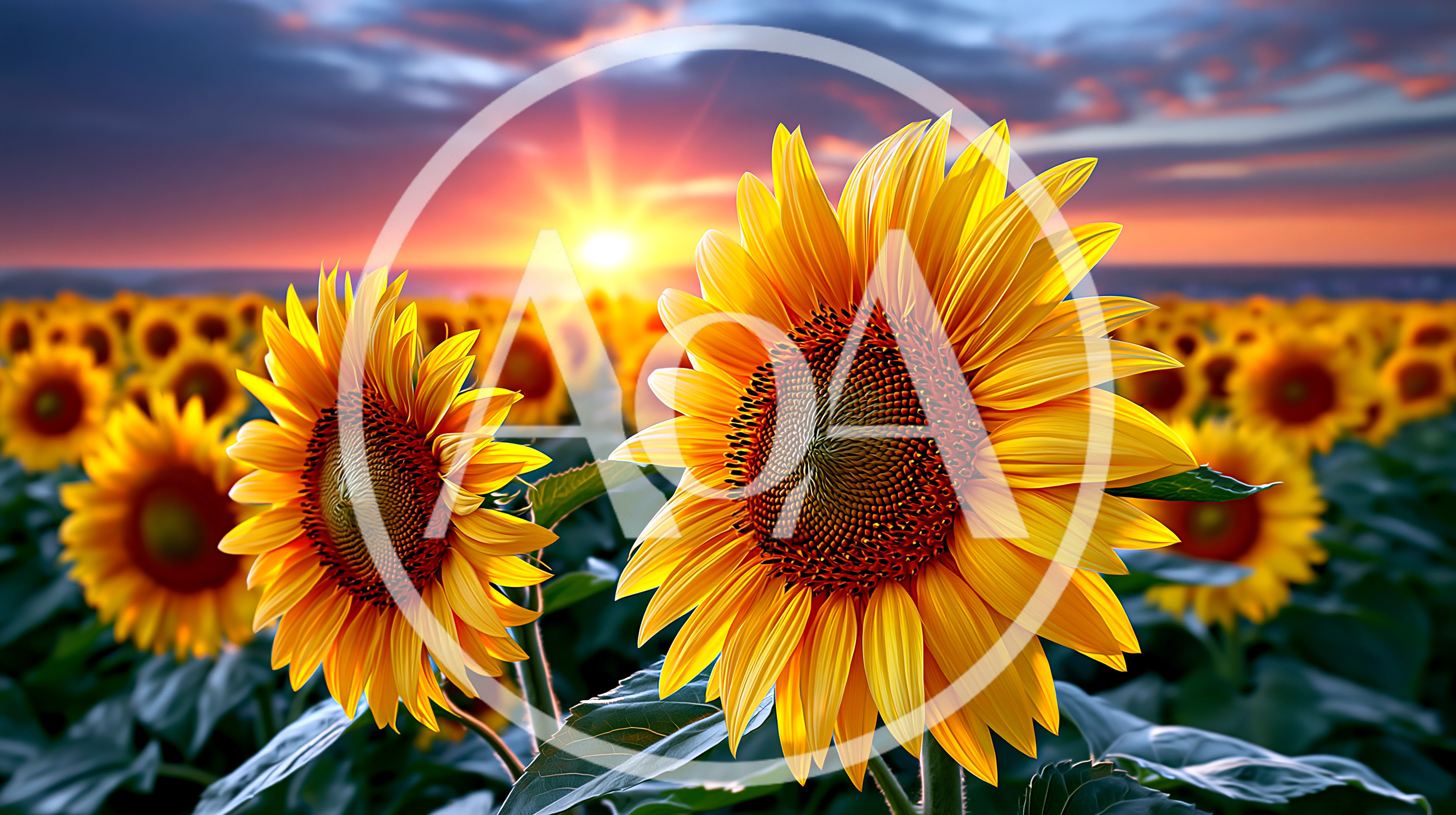 Vibrant Sunflowers Blooming In A Field At Sunset
