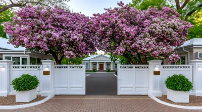 White Entrance Gates With Blooming Pink Trees