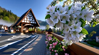 Spring Blossoms Overlooking A Traditional Alpine Village