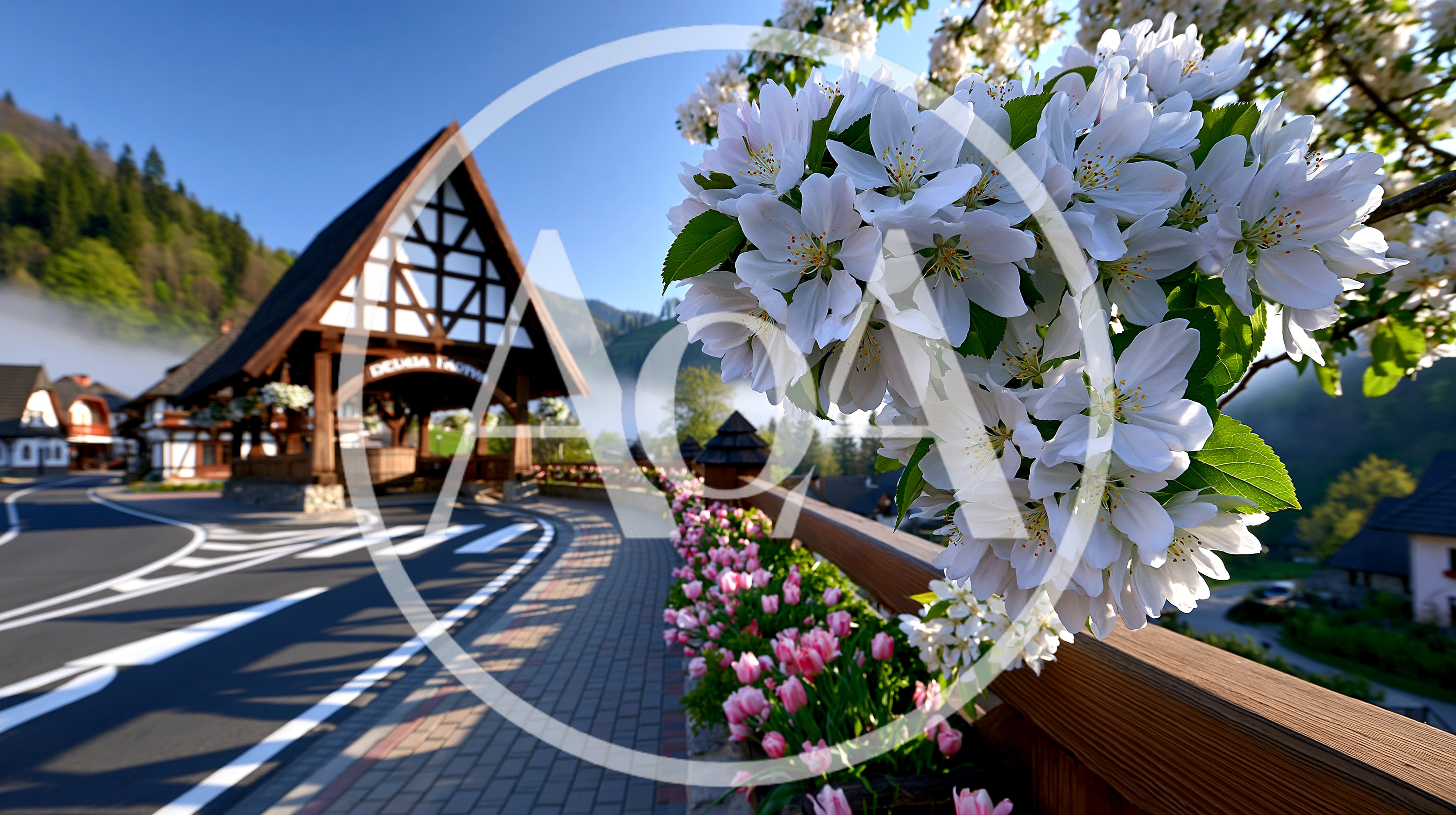 Spring Blossoms Overlooking A Traditional Alpine Village