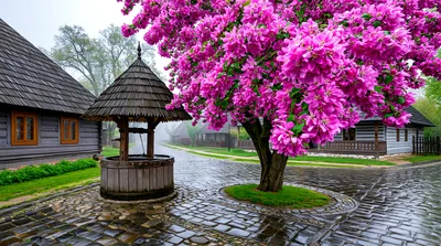 Traditional Wooden Well Beside A Blooming Pink Tree