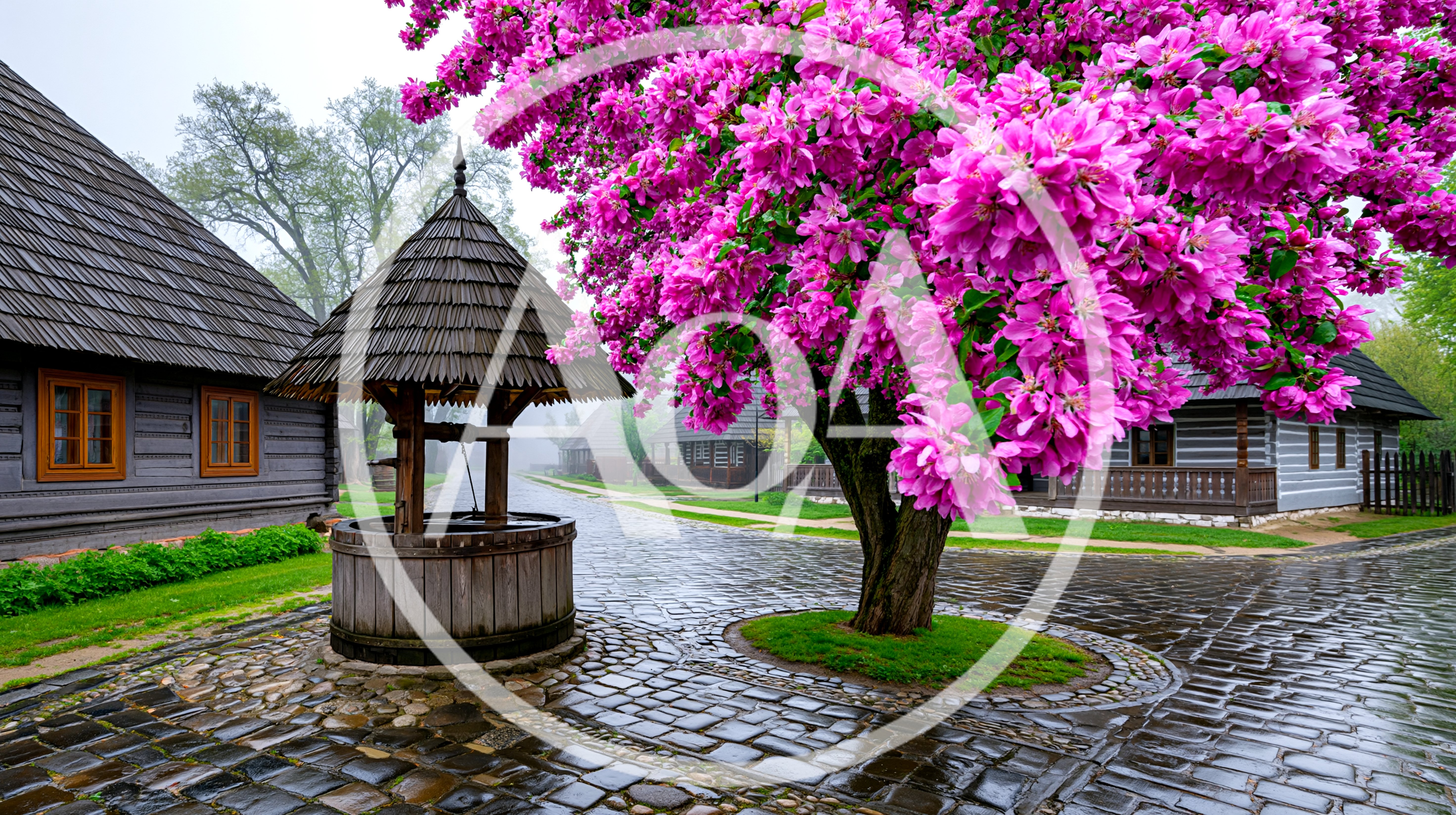 Traditional Wooden Well Beside A Blooming Pink Tree
