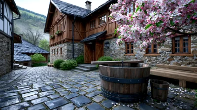 Rustic Timber House With Stone Courtyard And Blossoming Tree