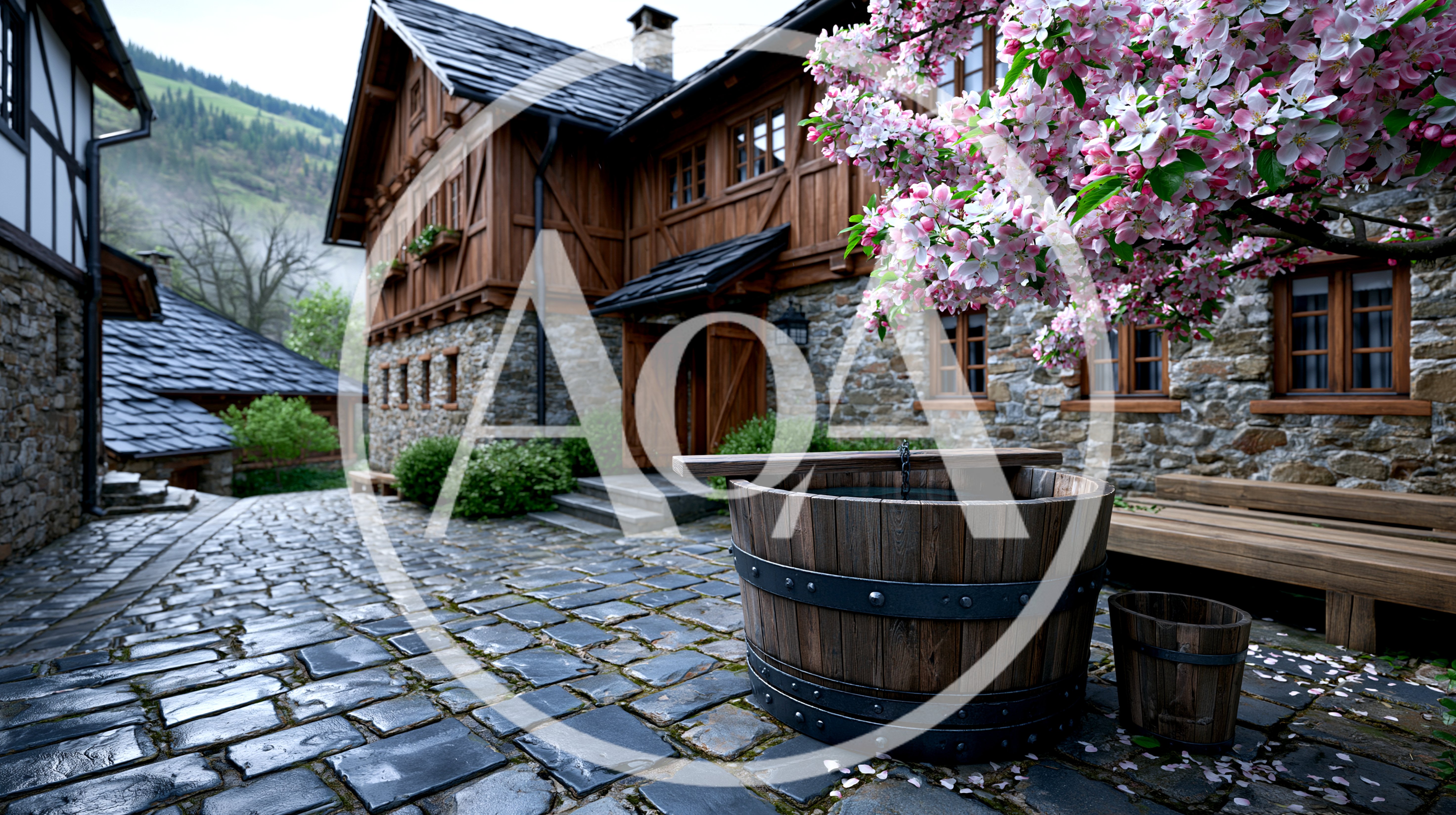 Rustic Timber House With Stone Courtyard And Blossoming Tree