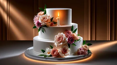 Three Tier White Wedding Cake With Floral Decorations