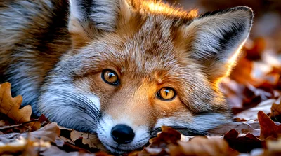 Close Up Portrait Of A Red Fox In Autumn Leaves