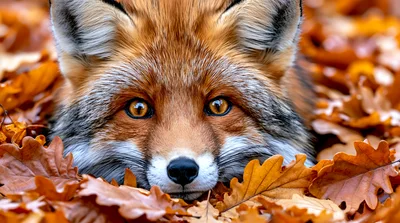 Close Up Portrait Of A Red Fox In Autumn Leaves