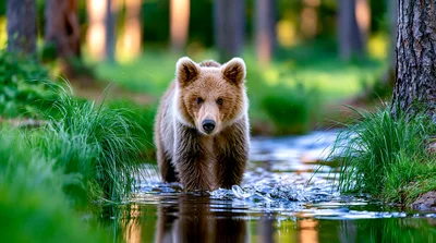 Young Brown Bear Walking Through Shallow Forest Stream