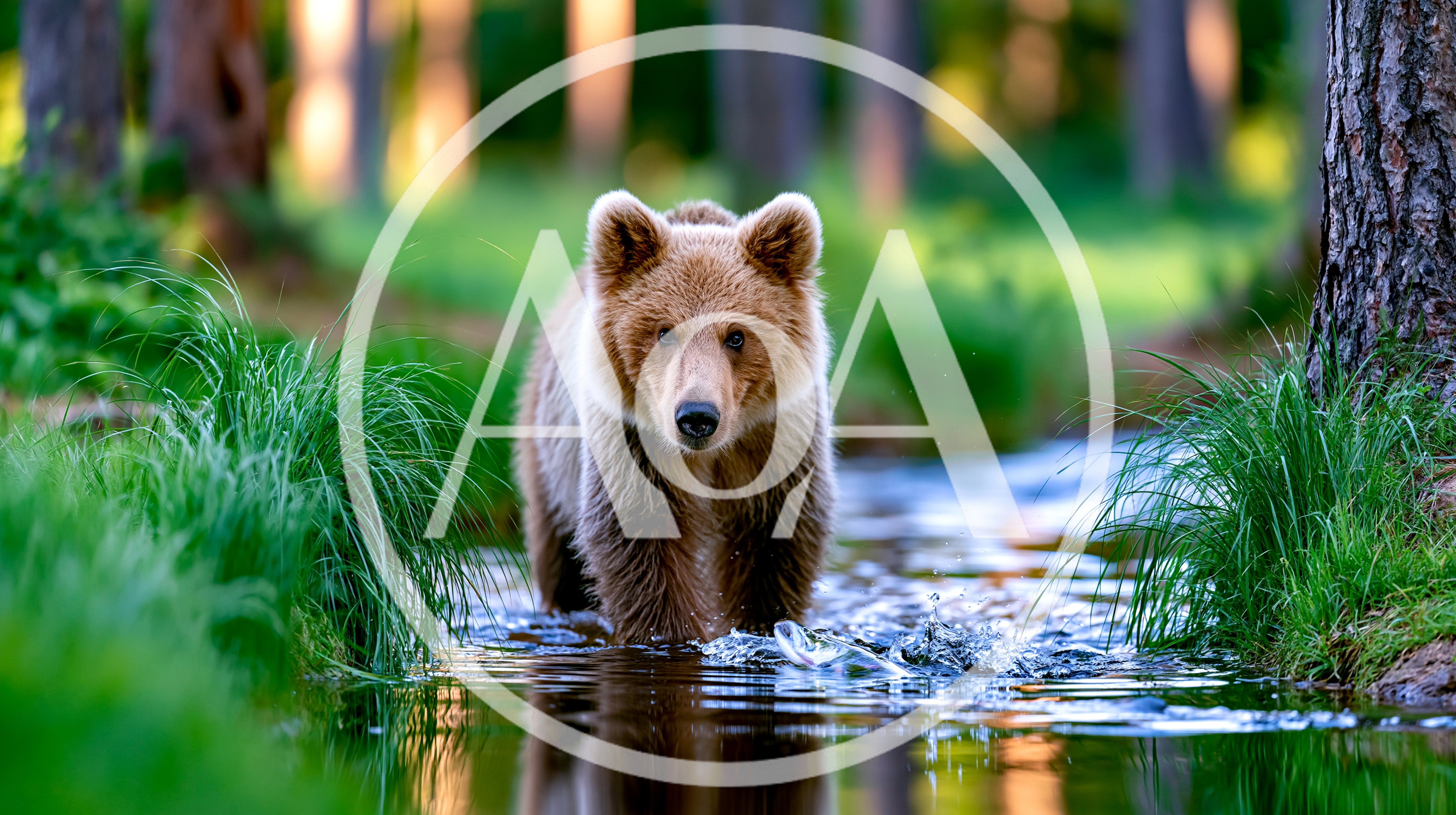 Young Brown Bear Walking Through Shallow Forest Stream