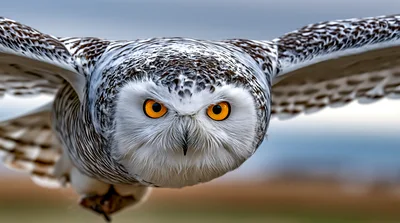Snowy Owl Flying In Mid Air