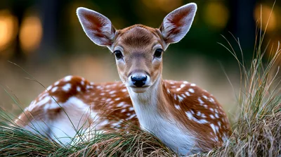 Young Fallow Deer Fawn Resting In Tall Grass