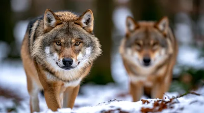 Two Gray Wolves Walking Through Snowy Forest