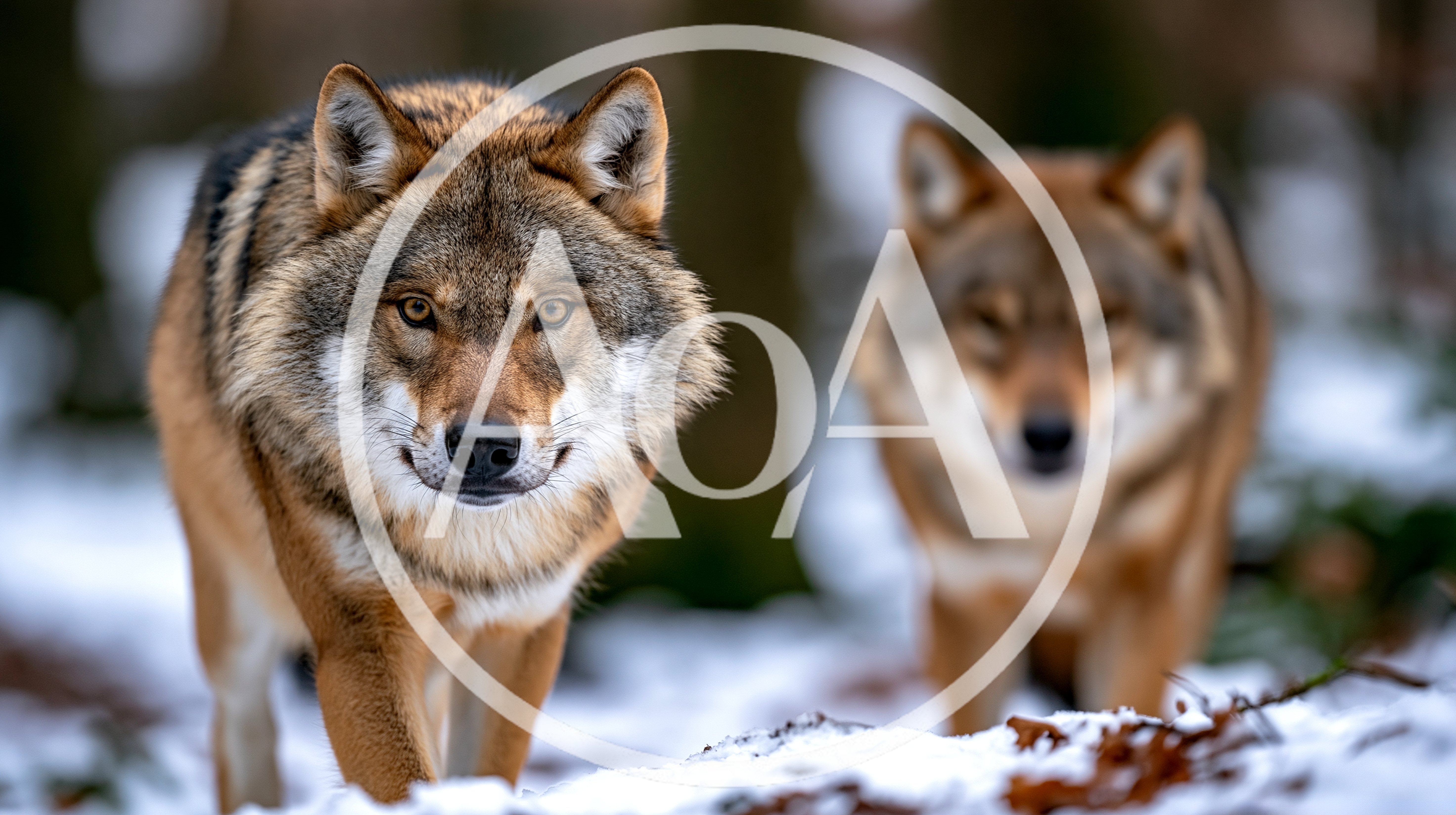 Two Gray Wolves Walking Through Snowy Forest