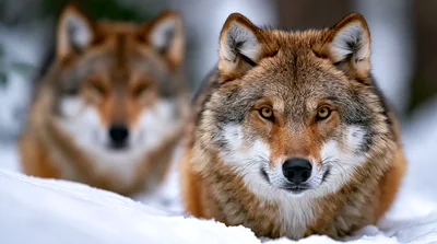 Two Gray Wolves Resting In Snowy Winter Landscape