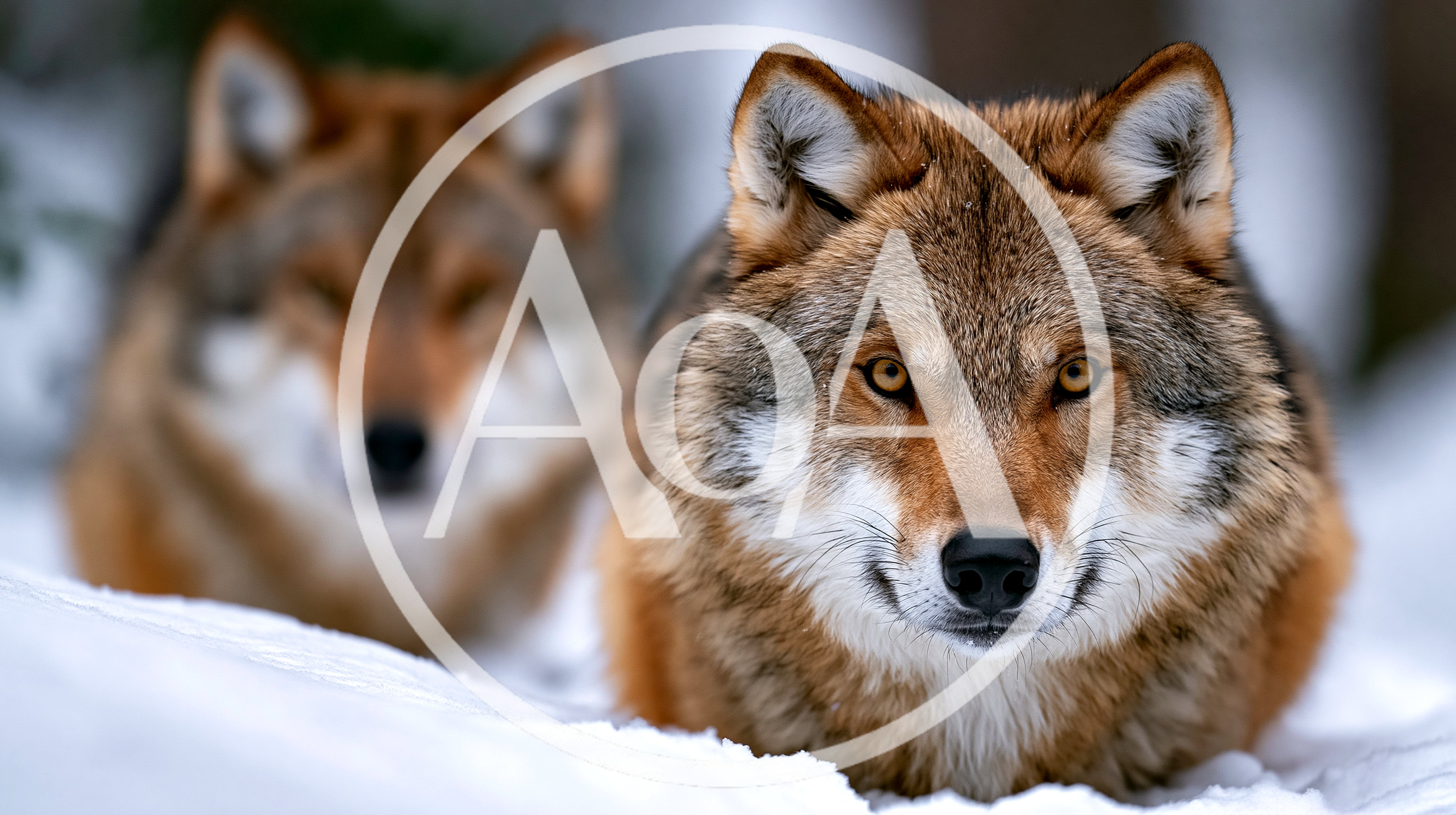 Two Gray Wolves Resting In Snowy Winter Landscape