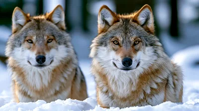 Two Gray Wolves Resting In Snowy Winter Landscape