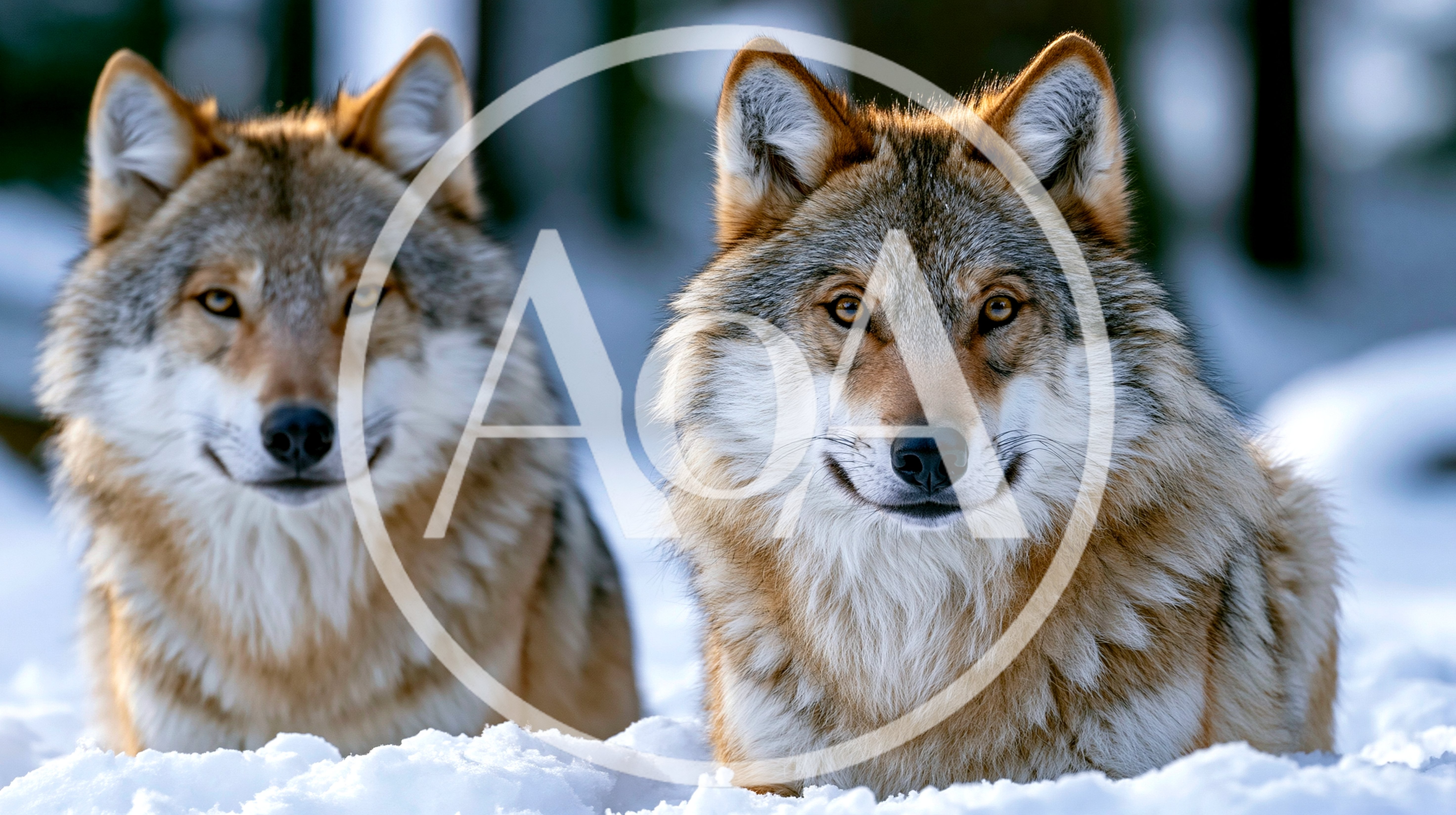 Two Gray Wolves Resting In Snowy Winter Landscape
