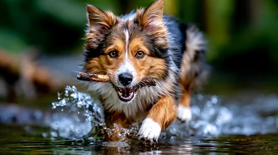 Border Collie Running Through Water With A Stick