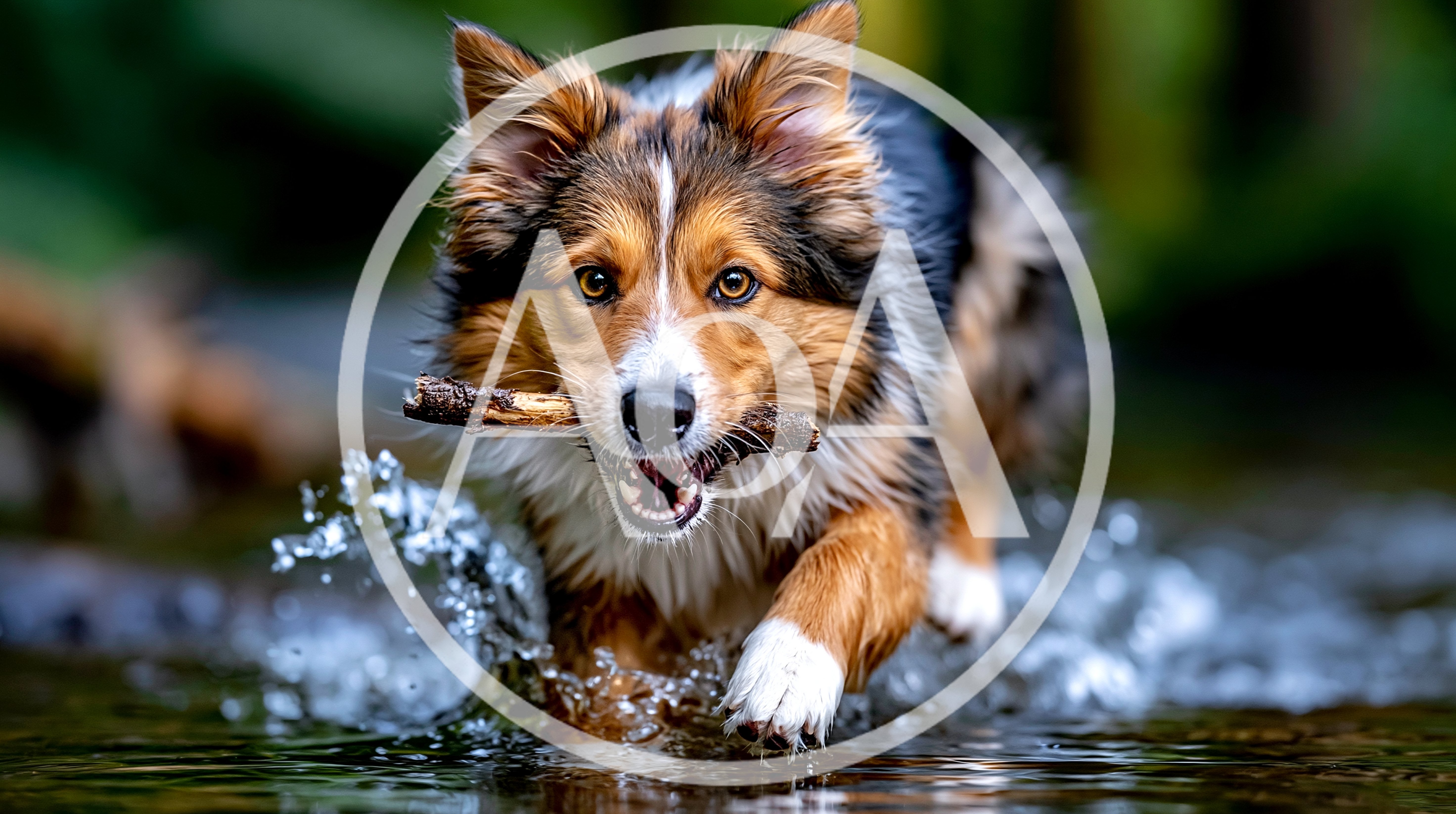 Border Collie Running Through Water With A Stick
