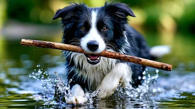 Border Collie Dog Carrying Stick Through Shallow Water