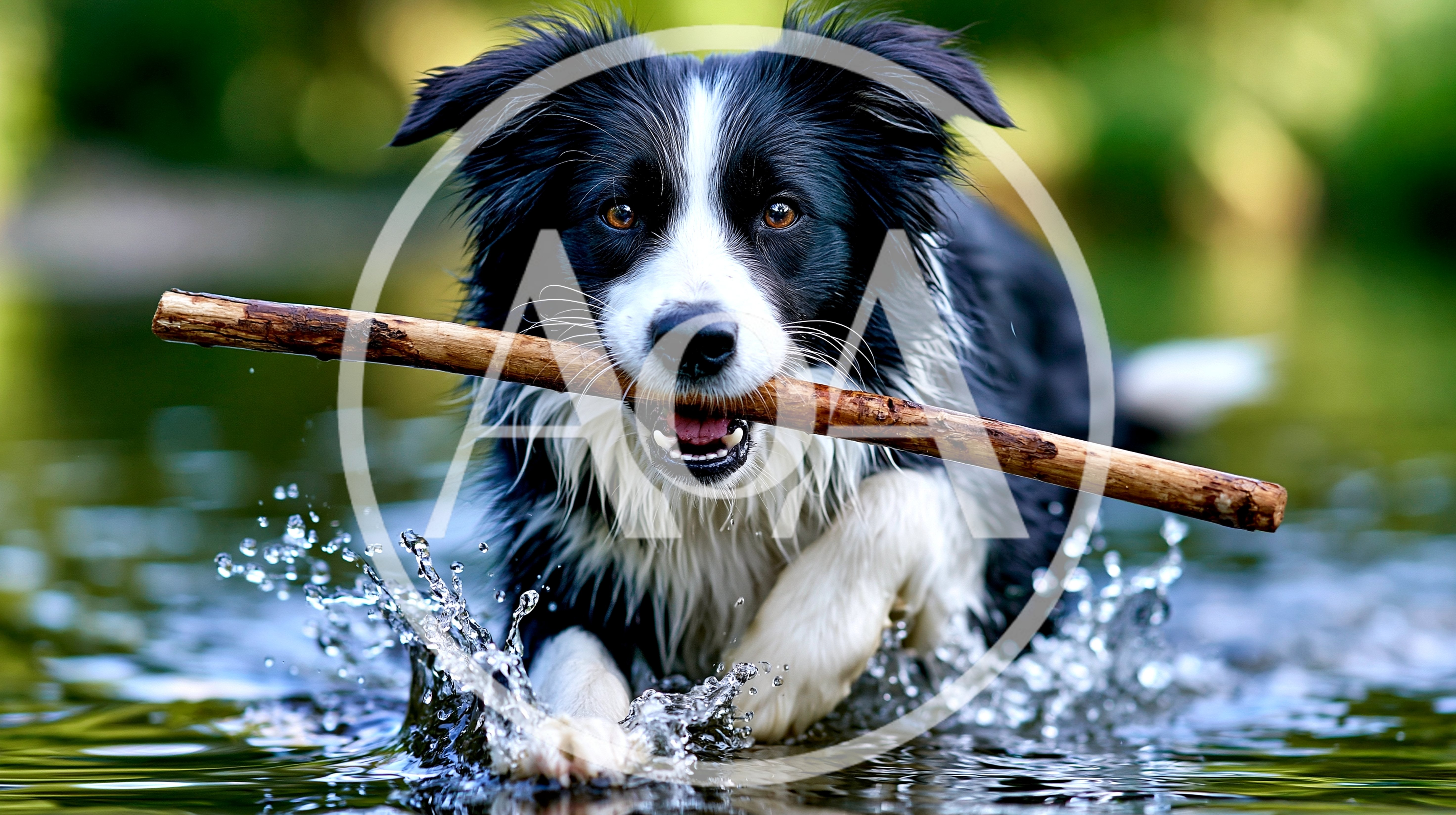 Border Collie Dog Carrying Stick Through Shallow Water