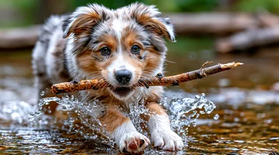Australian Shepherd Puppy Carrying Stick Through Shallow Water
