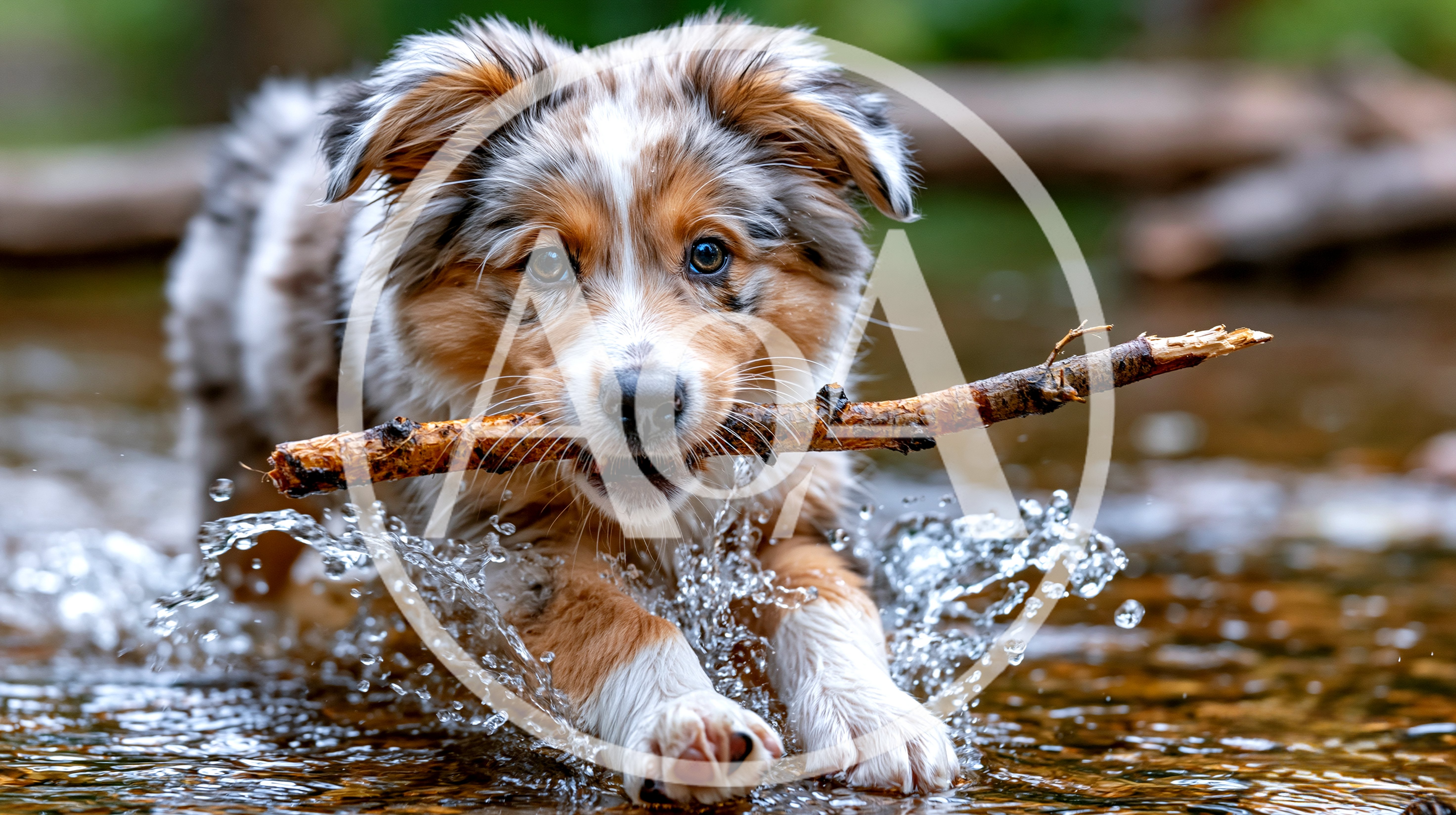 Australian Shepherd Puppy Carrying Stick Through Shallow Water