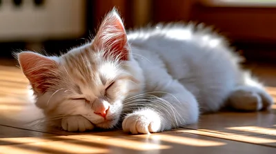 Cute White Kitten Sleeping On Wooden Floor