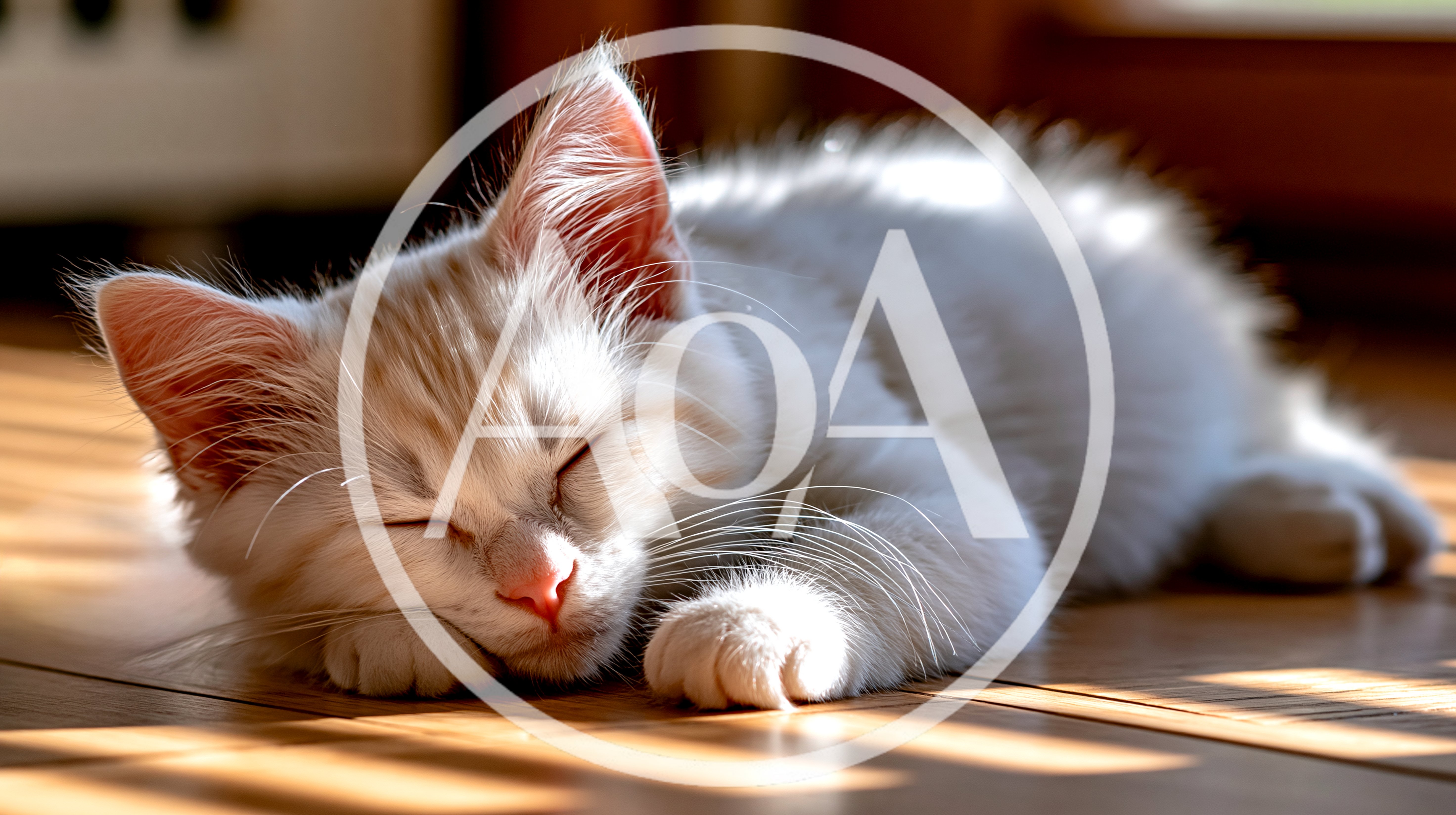 Cute White Kitten Sleeping On Wooden Floor