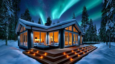 Modern Cabin Under Aurora Borealis In Snowy Forest