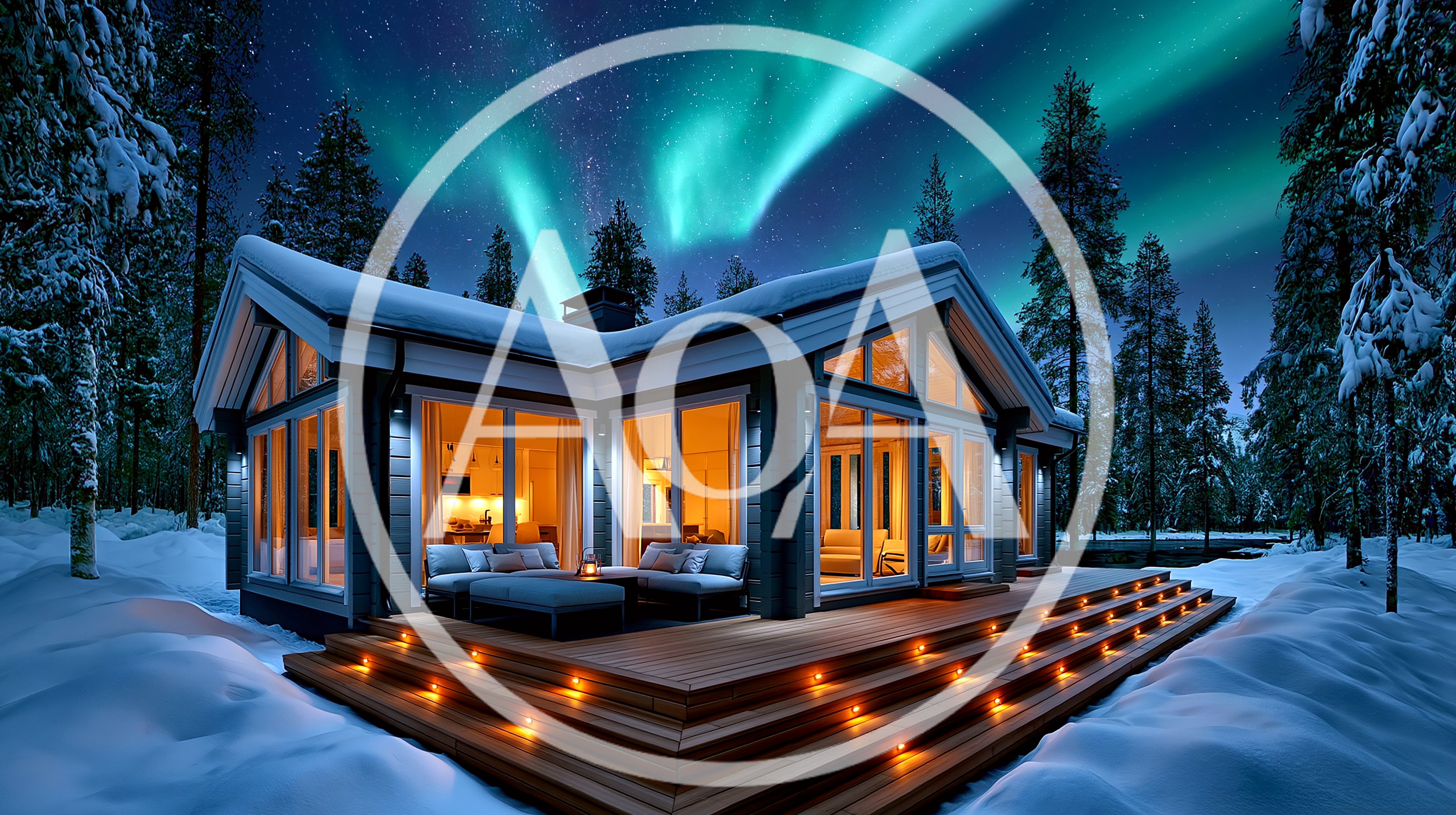 Modern Cabin Under Aurora Borealis In Snowy Forest