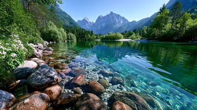 Crystal Clear Alpine River With Mountain Backdrop