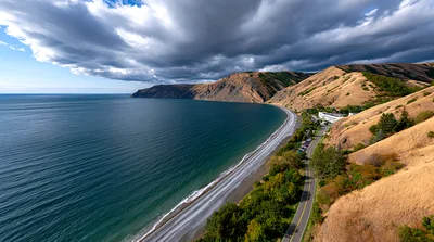 Aerial View Of Coastal Road Along The Ocean
