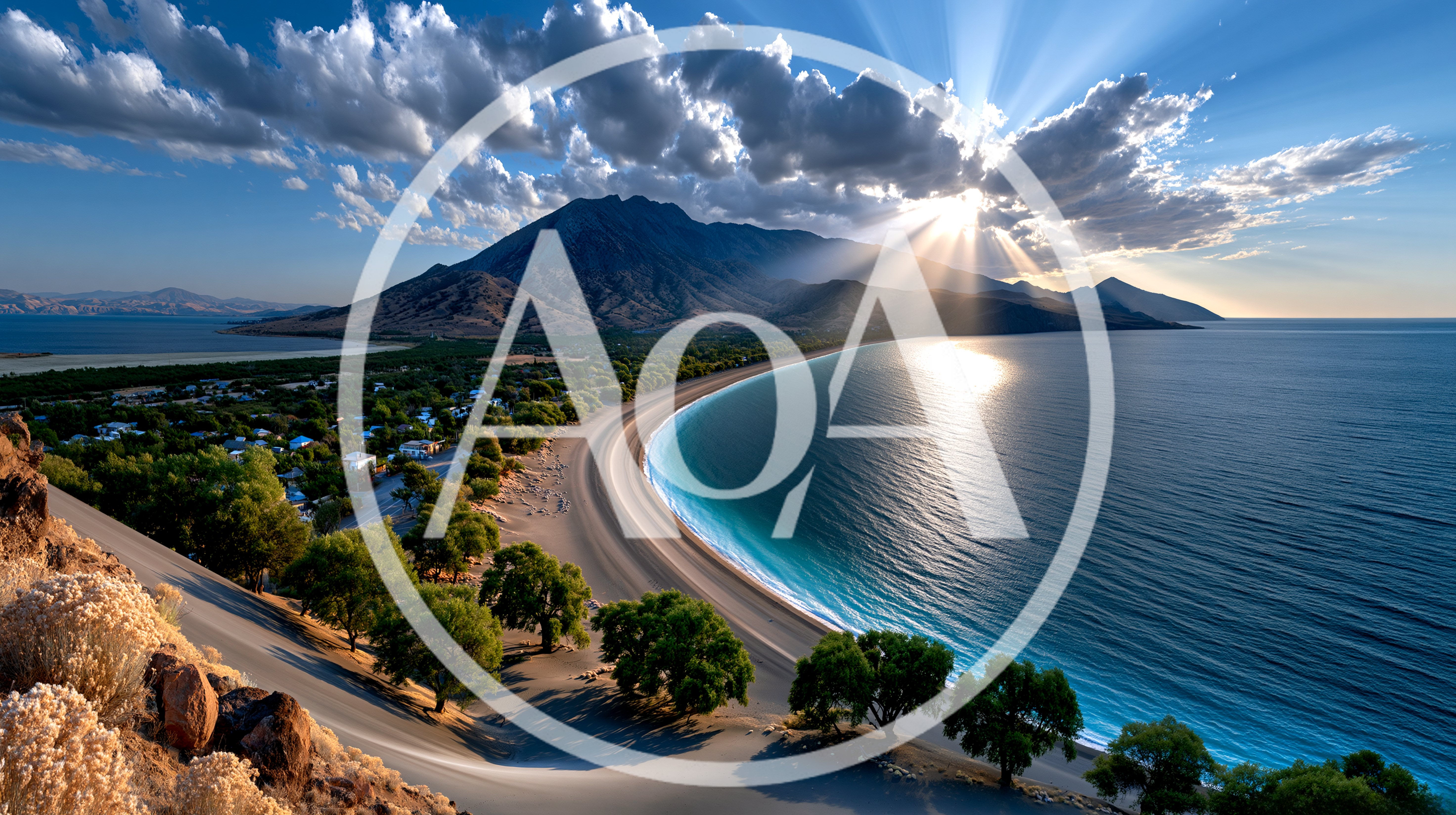 Scenic Coastal Landscape With Sunburst Over Mountains