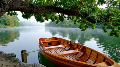 Wooden Rowboat Moored at a Calm Misty Lake