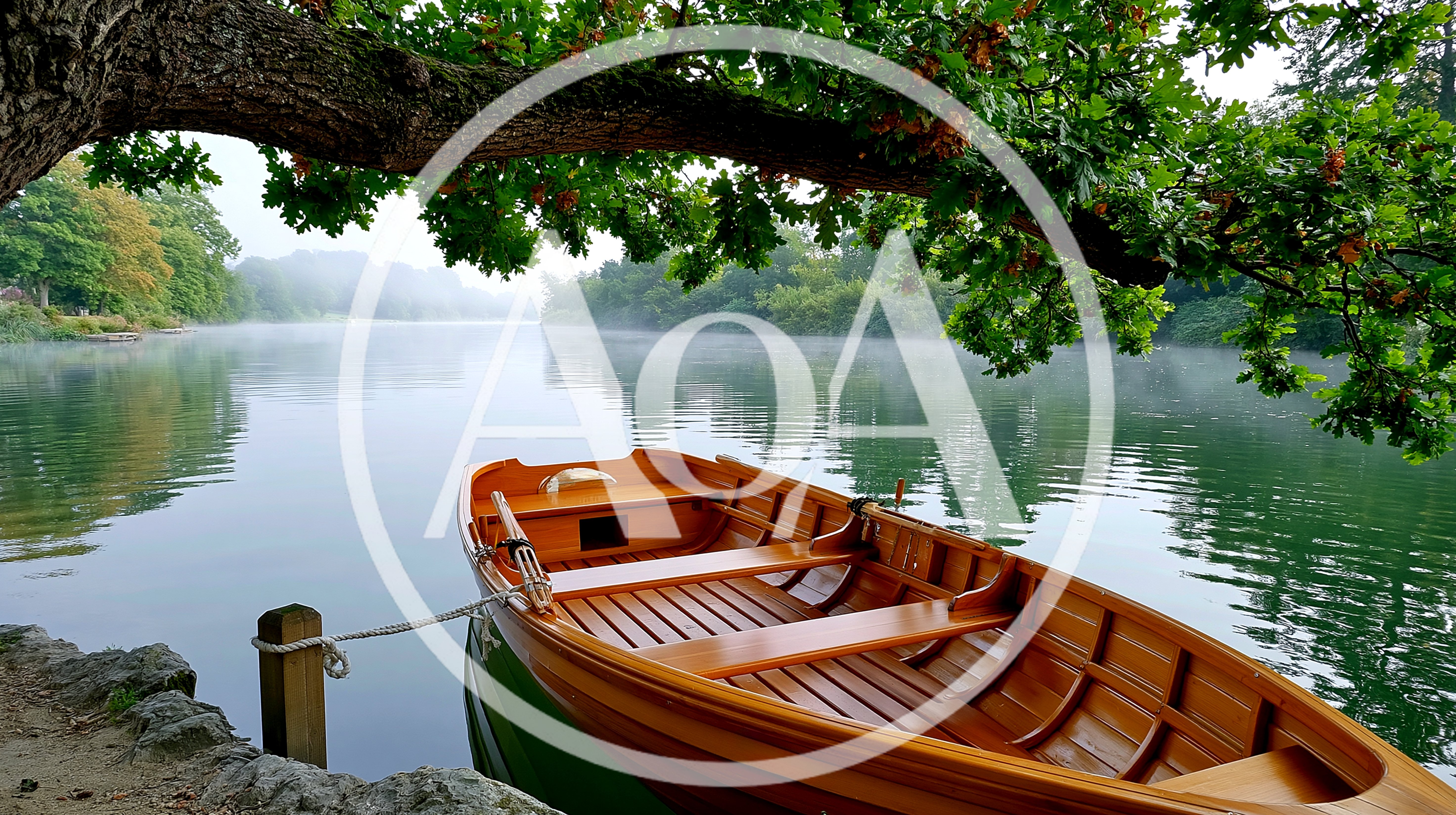 Wooden Rowboat Moored at a Calm Misty Lake