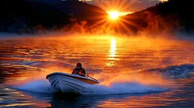 Person Driving Motorboat Across Lake During Golden Sunrise