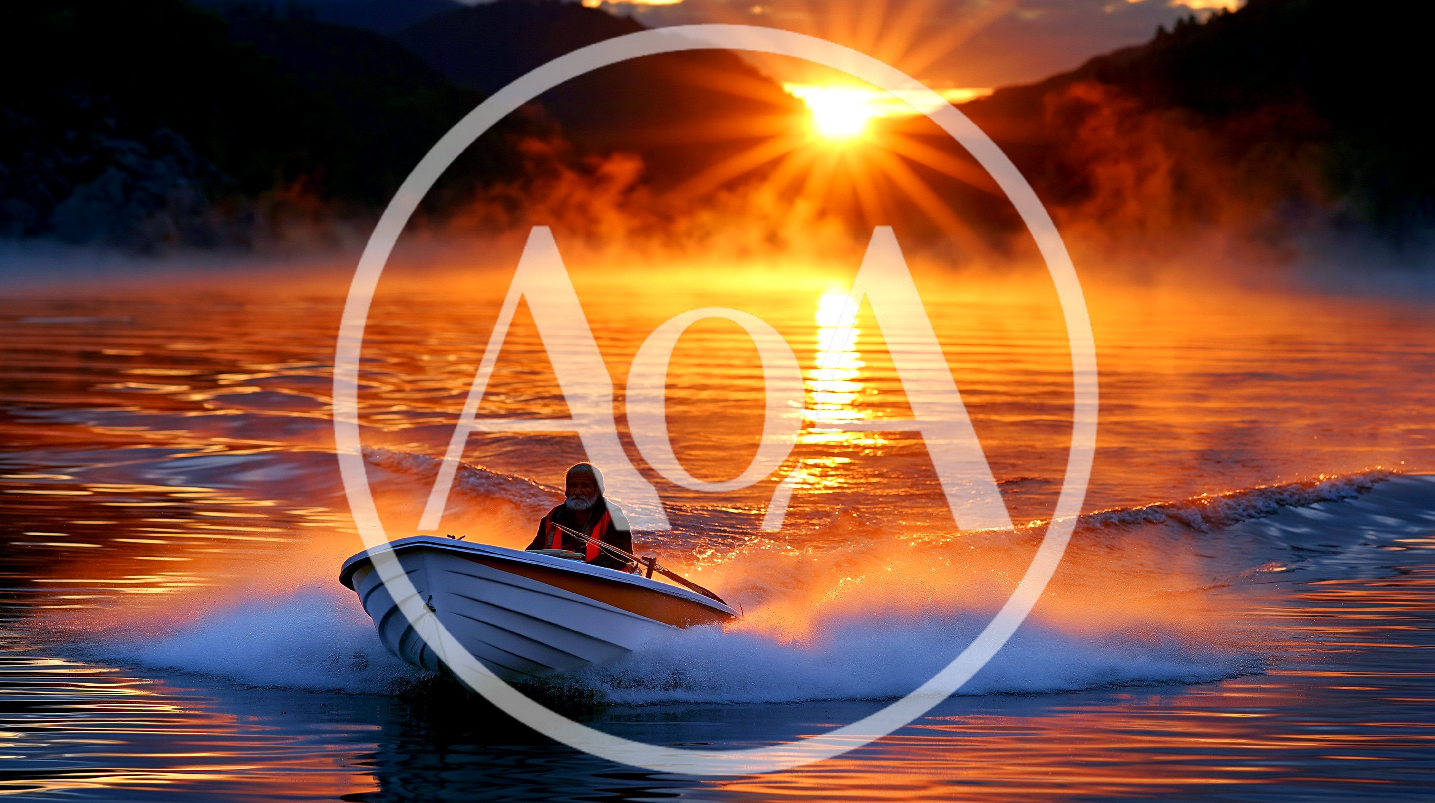 Person Driving Motorboat Across Lake During Golden Sunrise