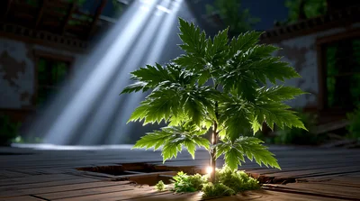 Small Green Plant Growing Through Abandoned Wooden Floor
